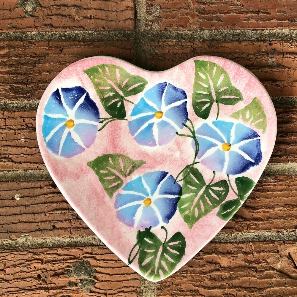 Hand Painted Heart Shaped Plate Blue & Green Morning Glory Floral Made in Italy